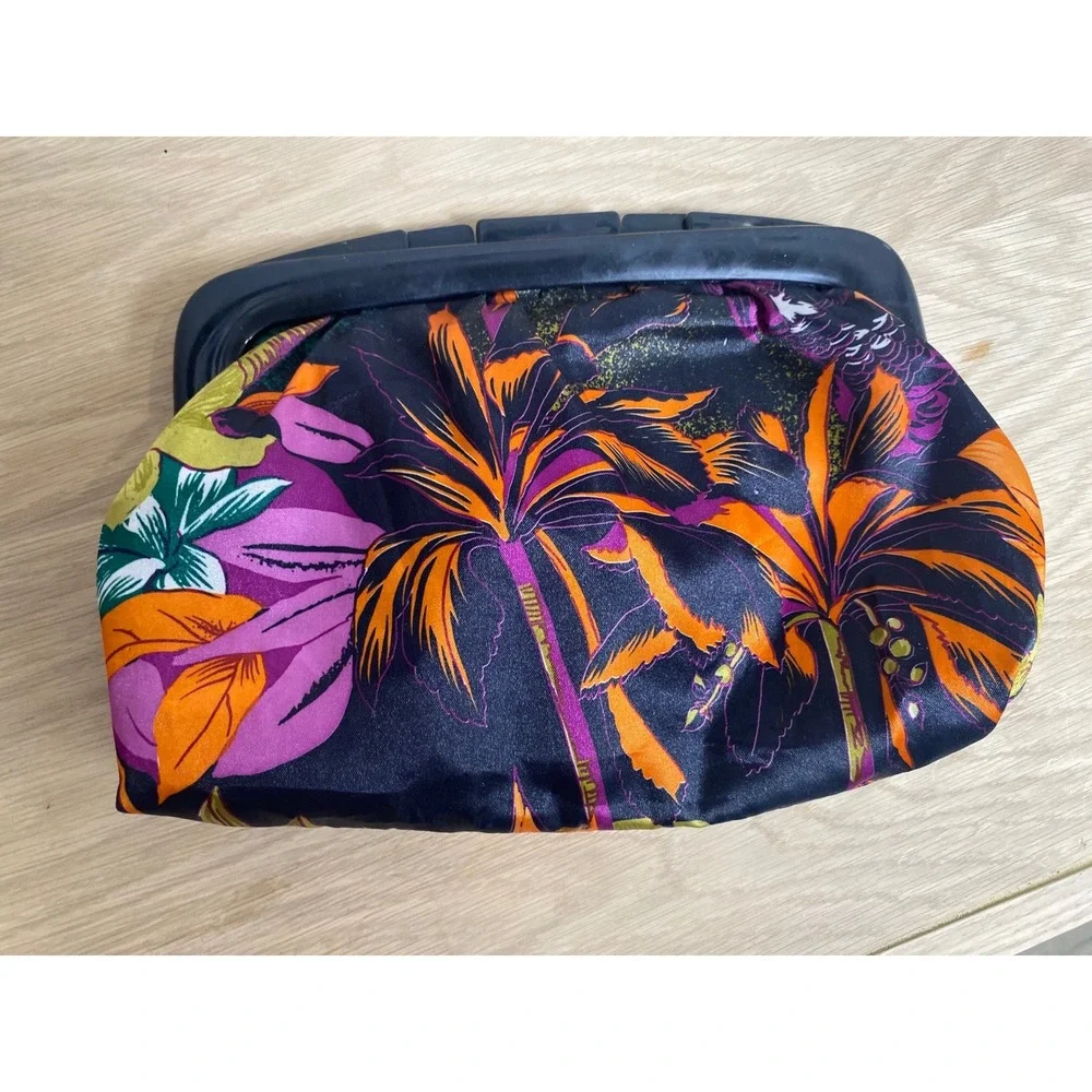 Vintage 70s 80s Tropical Floral Satin Clutch Bag Black Orange Hibiscus Tiki